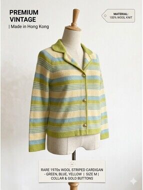 Women's Vintage  Boxy  Wool Sweater Green, Yellow, Blue gold buttons  Med.